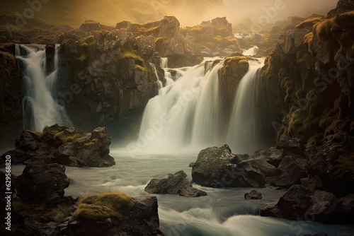 River and Lush Greenery in a Serene Landscape. Beautiful Waterfall Landscape © Bussakon