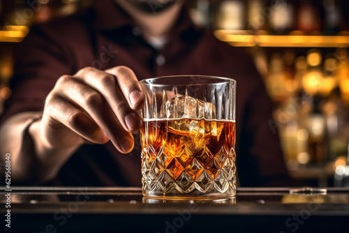 Barman pours whiskey in a glass at the bar. Selective focus