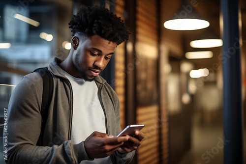 Modern Connection: A Handsome Black Man Engaged in Digital Reading While Standing Tall