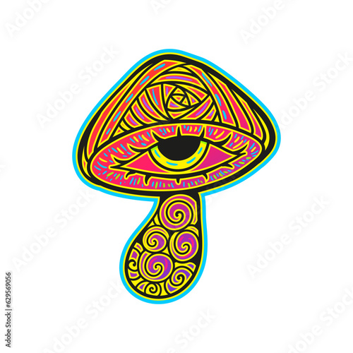 Psychedelic Magic Mushrooms. Vector illustration neon. Zen art. Decorative mushrooms, hippie, hallucination psilocybin 60s 70s