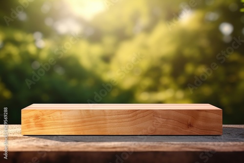 A wooden display podium for showcasing products amidst a serene nature scene. Generative AI