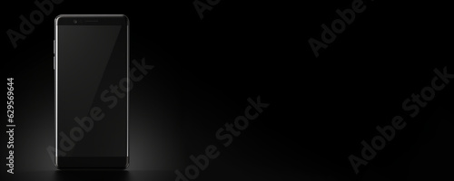 Modern smartphone device isolated on black background with copy space. Generative AI banner