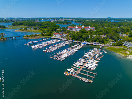 Wentworth by the Sea aerial view at the mouth of Piscataqua River in New Castle, New Hampshire NH, USA. The historic grand hotel dates back to Gilded Age built in 1874.  photo