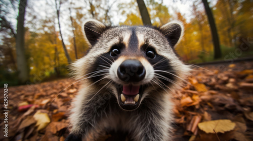 Fisheye Lens Selfie of a happy raccoon, blur bokeh background. © tashechka