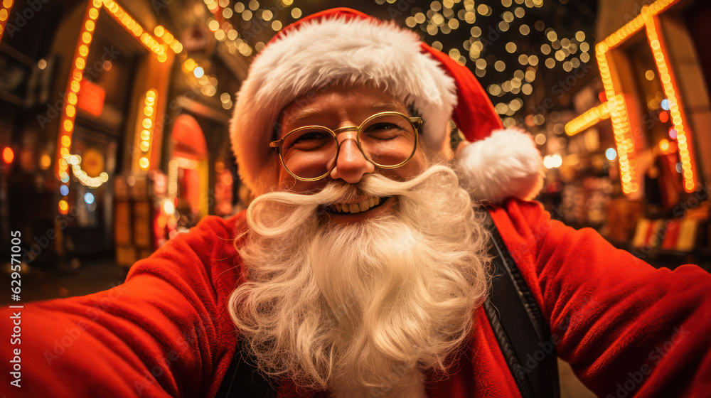 Fisheye Lens Selfie of a happy santa blur bokeh street background