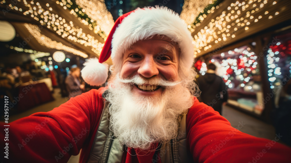 Fisheye Lens Selfie of a happy santa blur bokeh street background