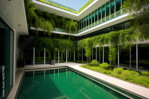 Fituristic hotel building with hanging green garden. Outside view photo