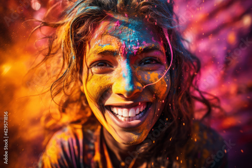 Close up of beautiful woman celebrating Holi festival of colors in India. The arrival of spring, the victory of good, happiness. Generative AI.