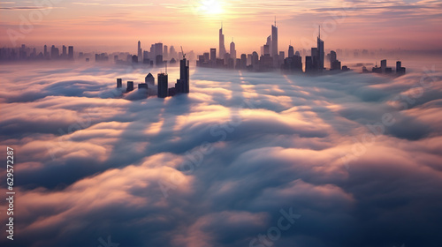 mesmerizing aerial shot of a cityscape blanketed in thick fog. The photograph showcases the towering skyscrapers partially obscured by the ethereal mist