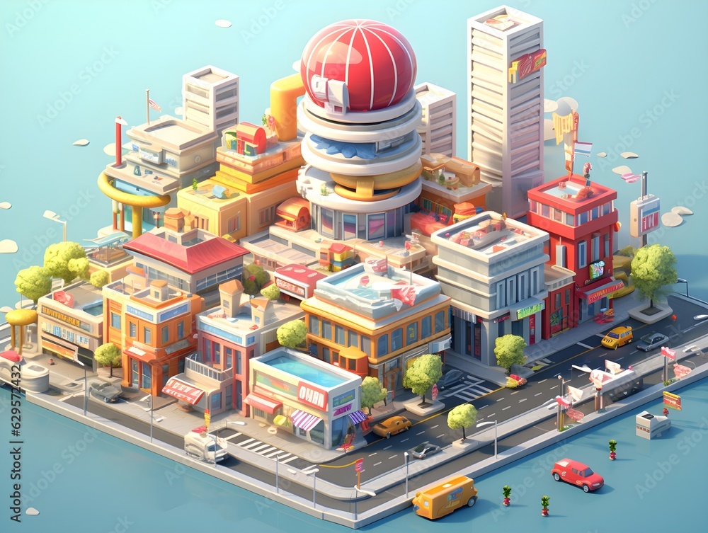 3d city theme with some buildings colorful isometric illustration created with Generative AI technology