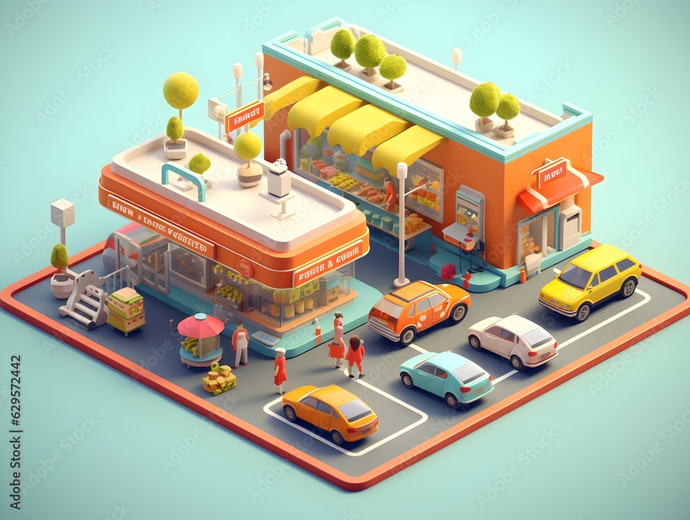 3d city theme with some buildings colorful isometric illustration created with Generative AI technology
