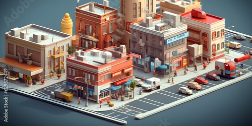 3d city theme with some buildings colorful isometric illustration created with Generative AI technology photo