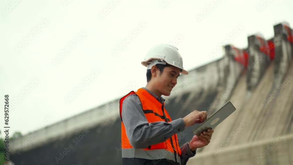 Confident asian maintenance engineer man inspection with tablet in construction site dam with hydroelectric power plant and irrigation. Engineer man wearing safety hat at project big building. Confident asian maintenance engineer man inspection with tablet in construction site dam with hydroelectric power plant and irrigation. Engineer man wearing safety hat at project big building.