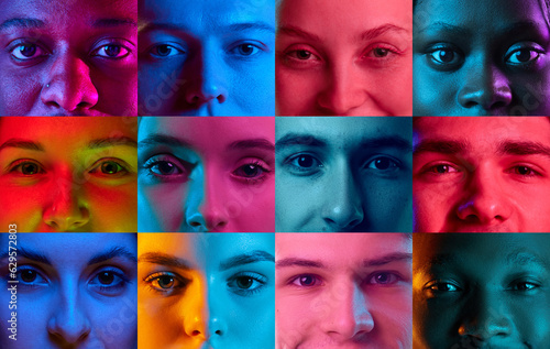 Close-up. Cropped male and female faces, eyes looking at camera over colorful neon lights. Concept of human emotions, mood, facial expressions photo