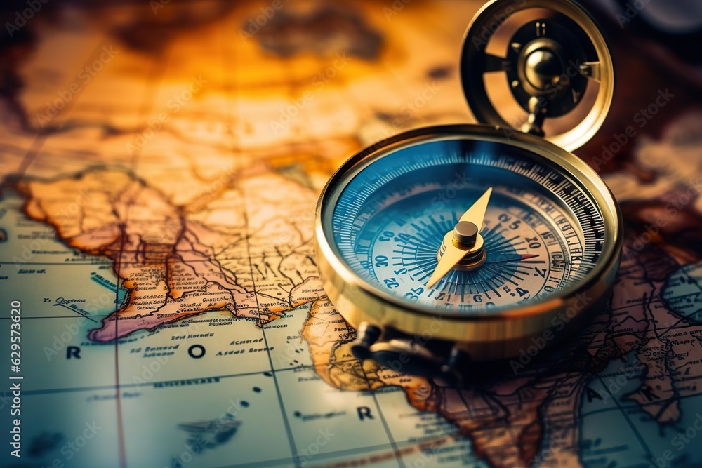 Magnetic compass on world map.Travel geography