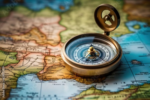 Magnetic compass on world map.Travel geography