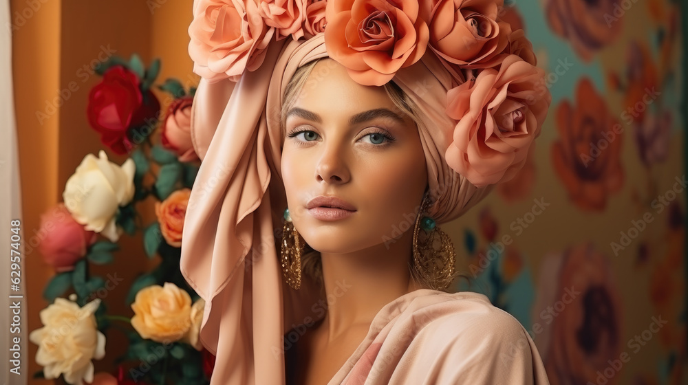 Generative ai illustration of caucasian woman in european turban with floral design