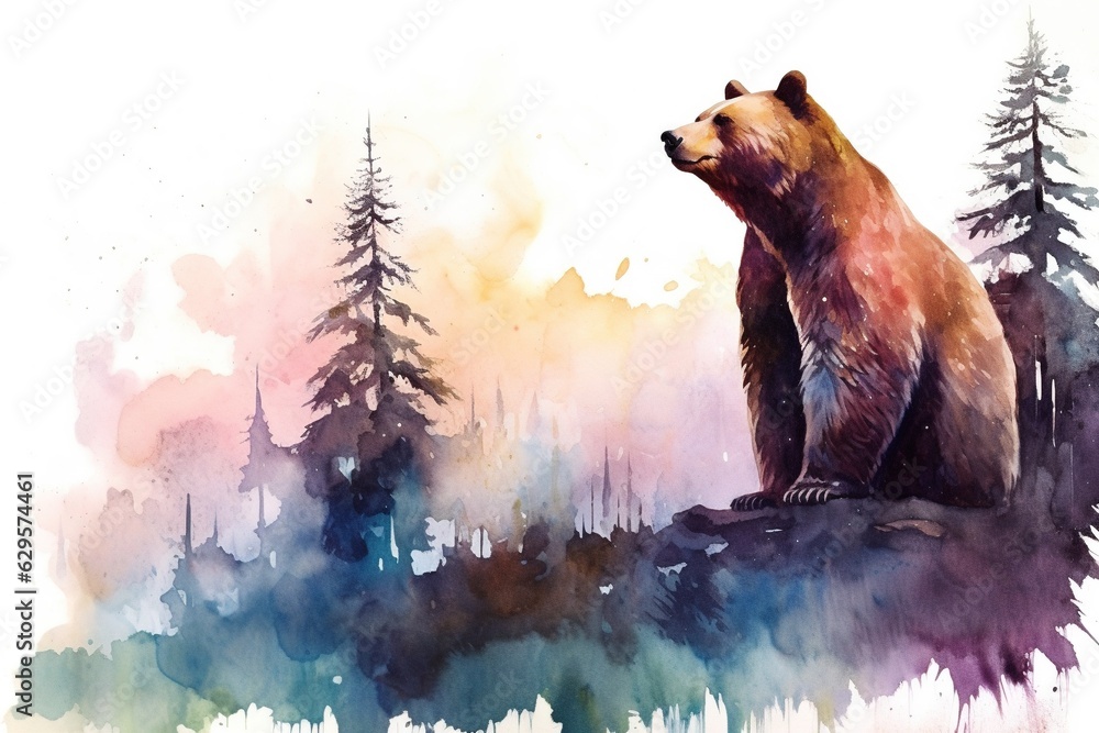 water color illustration of a bear in the wild - obrazy, fototapety, plakaty 