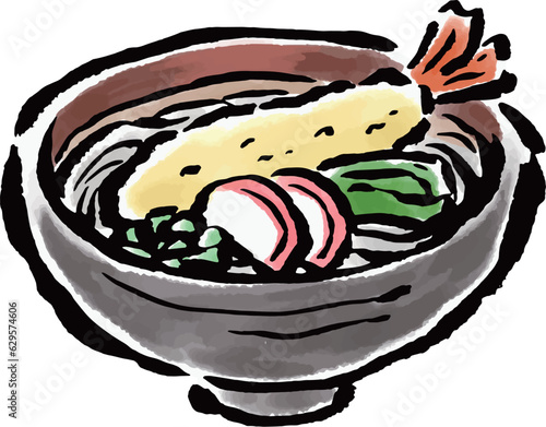年越しそば　天ぷらそば　筆タッチイラスト