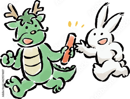 卯年から辰年へ　バトンタッチするうさぎと辰の手描きイラスト