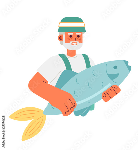 Old fisherman holding big fish semi flat color vector character. Editable half body happy man on white. Simple cartoon spot illustration for web graphic design