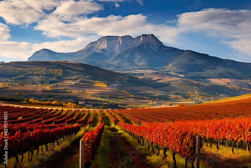 Experience Autumn in La Rioja: Vinery and Agriculture in the Spanish Countryside with San Lorenzo Mountain in the Background. Generative AI