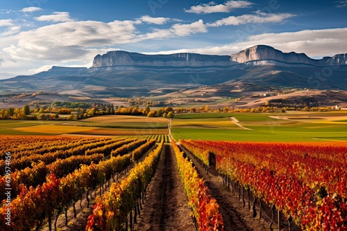 Fall in La Rioja: Vineyards with San Lorenzo Mountain Backdrop Amidst Rich Agriculture Countryside. Generative AI photo
