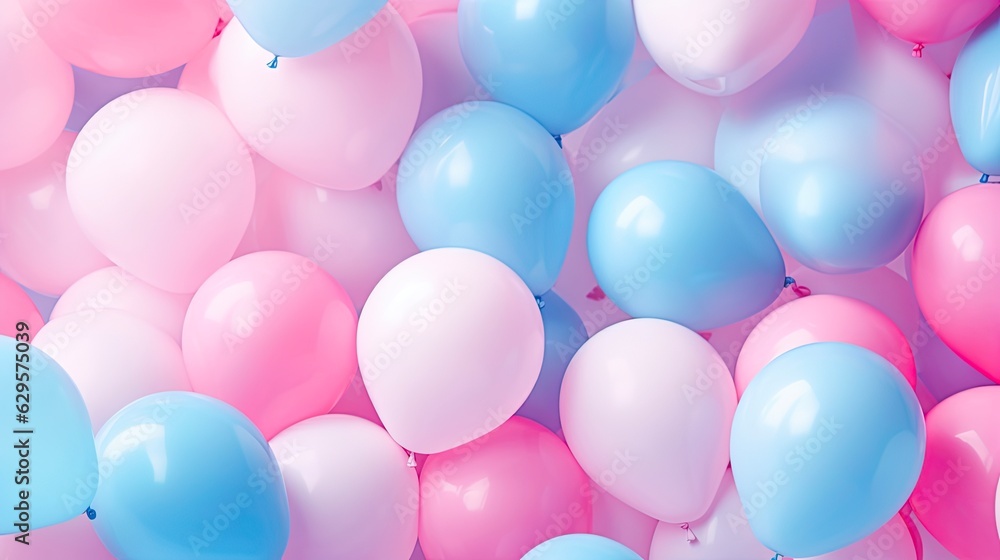 Panoramic Pink and Blue Balloons Background for Soft Pastel Holiday Decorations and Party Celebrations. Generative AI