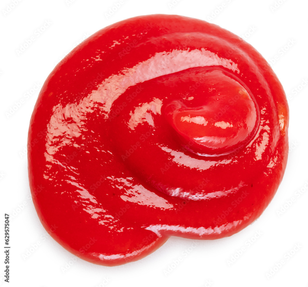 Tomato sauce or ketchup stain blob closeup on white background. File contains clipping path.