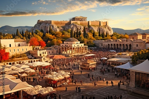 Monastiraki and Acropolis in Athens, Greece: Aerial View of Ancient Greek Landmarks including Parthenon, Athena and Hellenic Culture. Generative AI