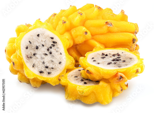 Yellow pitahaya or yellow dragon fruit and cross cuts of fruit with white flesh and black seeds on white background.