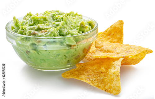 Guacamole sauce and tortilla chips, popular Mexican food  isolated on white background.