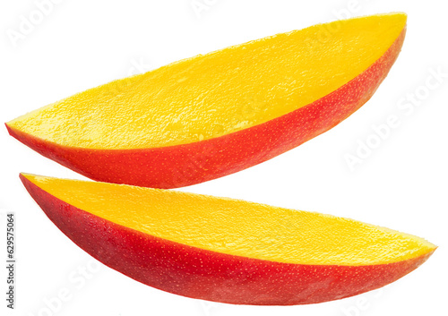 Two mango slices isolated on white background.