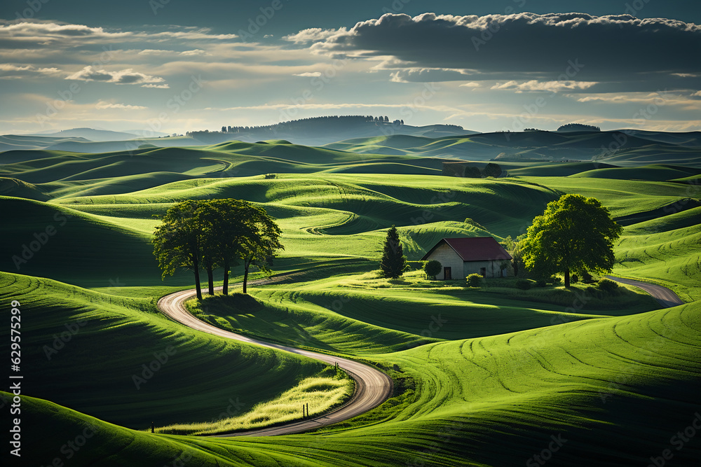 Fototapeta premium A field with green grass and rolling hills. AI generative