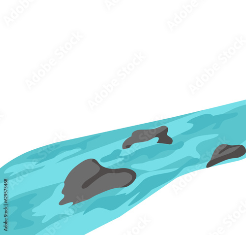 Cartoon river flowing with stones isolated white background