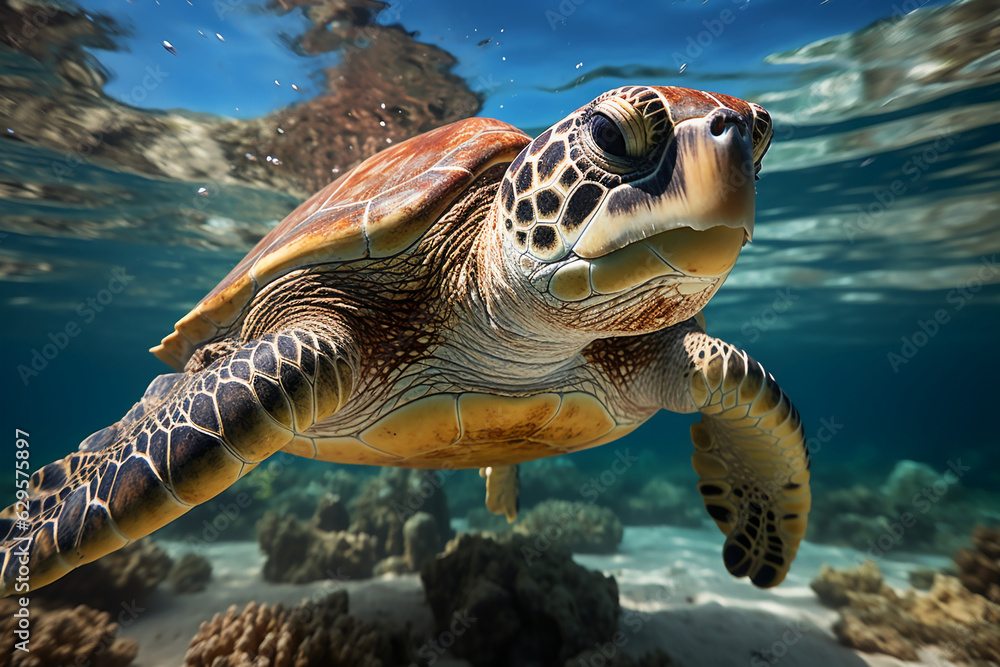 Fototapeta premium A sea turtle roams leisurely in the vast ocean. AI generative
