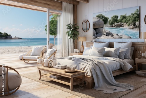 A serene coastal-themed bedroom with light  airy decor  ocean-inspired accents  and a stunning view of the sea  capturing the essence of relaxation. Generative Ai