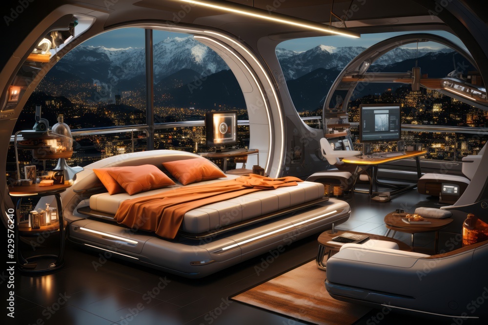 A futuristic bedroom equipped with smart home technology, automated lighting, and interactive devices, representing modern living in the digital age. Generative Ai