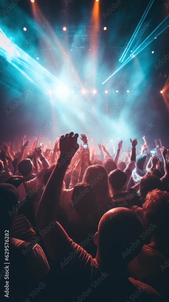 Captivating silhouettes: hands-raised crowd sways joyfully under festival stage lights.