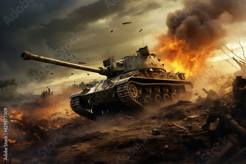 Tank on the battlefield. Veterans Day. World War background. Generative AI