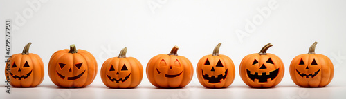 Halloween pumpkin on white background, banner with copy space. generative Ai