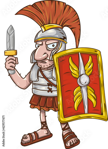 Cartoon roman centurion with sword and shield. vector illustration