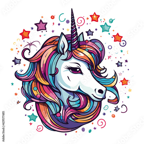 Cute White Unicorn with rainbow hair vector illustration for children design. Sweet fantasy character for t-shirts and cards