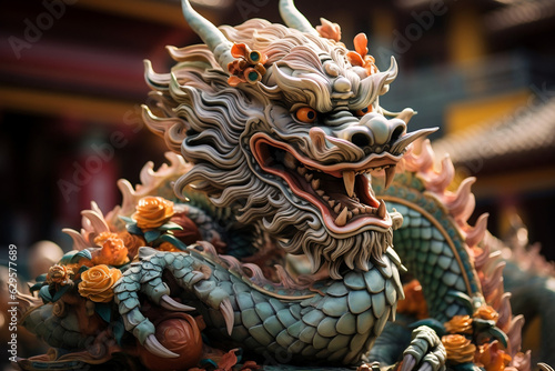 Majestic Chinese dragon statue at the tranquil temple, © NE97
