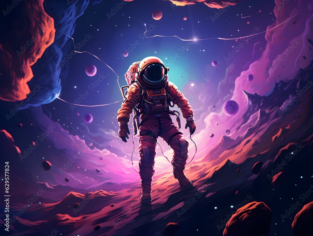 Astronaut is flying through space colorful illustration created with Generative AI technology Astronaut is flying through space colorful illustration created with Generative AI technology