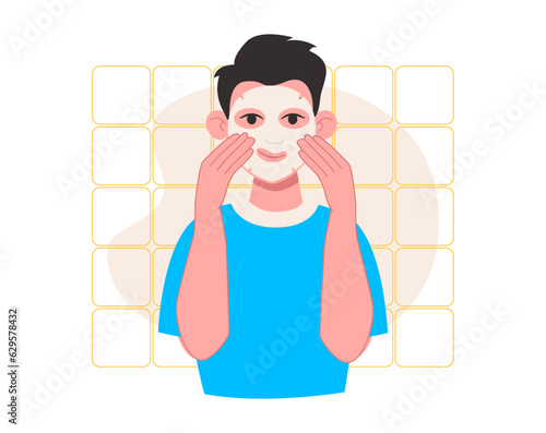 Skin care. Man puts on a cosmetic sheet mask on her face. Vector graphic.