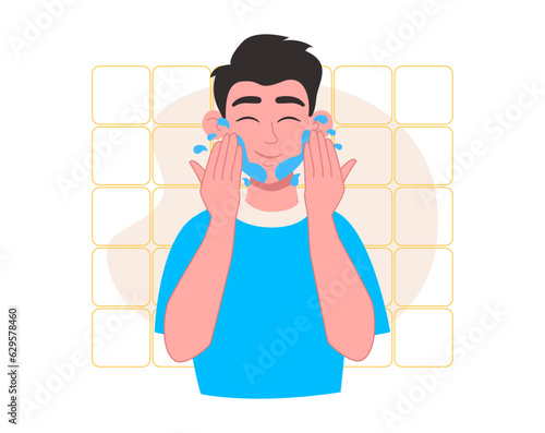 Skin care. Man washes herself with water or rinses off the product. Vector graphic.