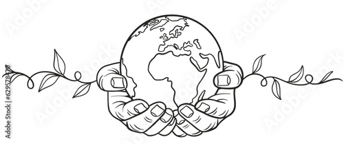 Hand holding teh earth line art Vector illustration