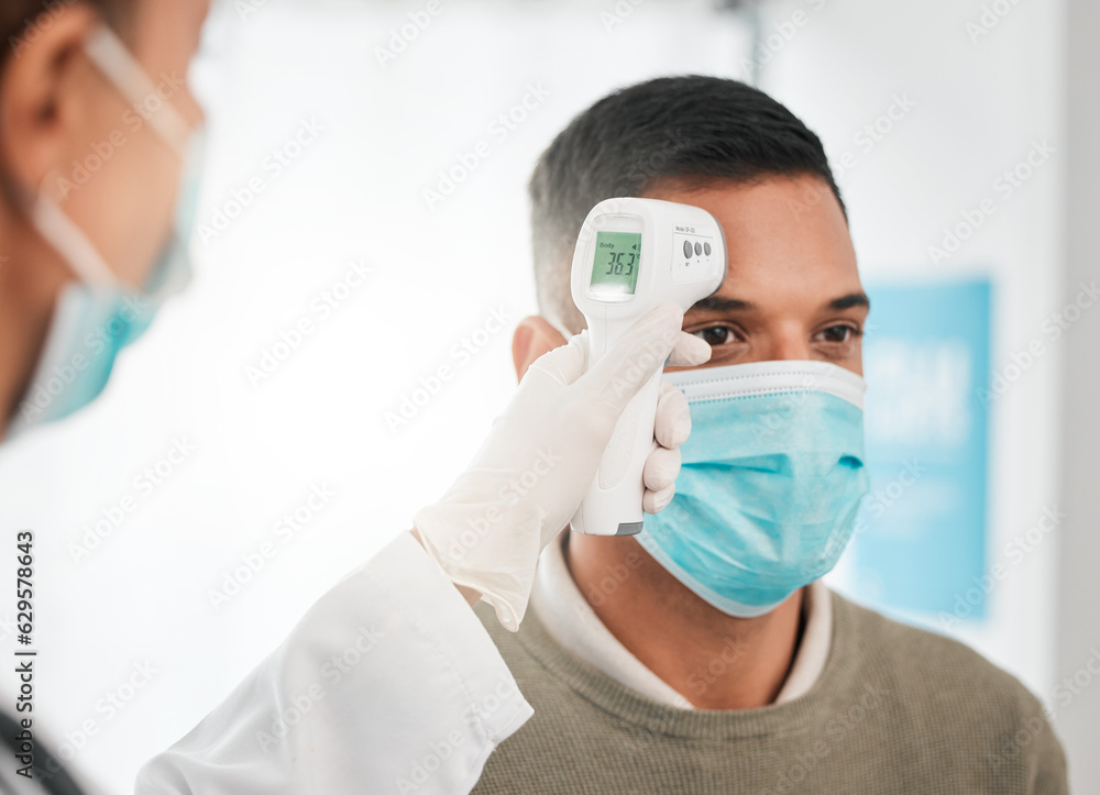 Laser, face mask or nurse with thermometer for healthcare checkup in hospital clinic or medical center. Hand, infrared temperature test or doctor screening for fever, virus or disease on patient Laser, face mask or nurse with thermometer for healthcare checkup in hospital clinic or medical center. Hand, infrared temperature test or doctor screening for fever, virus or disease on patient