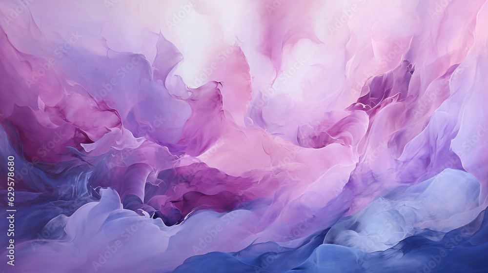 Abstract oil painting with large brush strokes in beige, purple, white, and blue pastel colors. Wallpaper, background, texture.